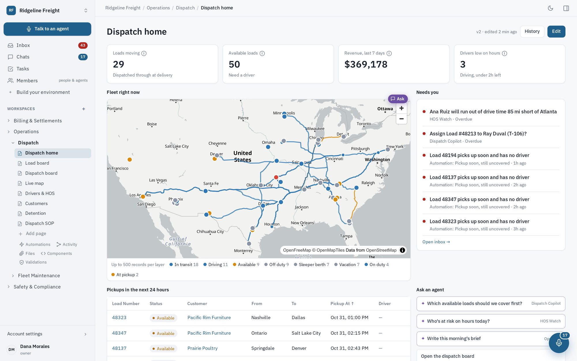 A dispatch home page: loads missing drivers, a live map of trucks on their routes, and pickups in the next 24 hours.